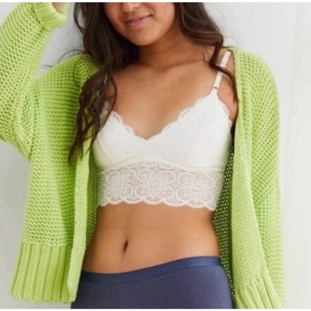 AERIE Chunky Bright Lime Green Open Crochet Knit Cardigan Sweater Woman’s SMALL